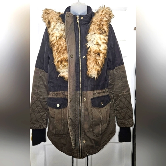 Express Hooded Detachable Faux Fur Trim Black & Olive Quilted Parka Sz XS - Picture 5 of 16